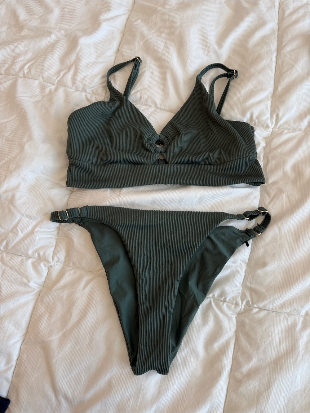 Ribbed Olive Green Bikini Set with Adjustable Straps - Women Swim